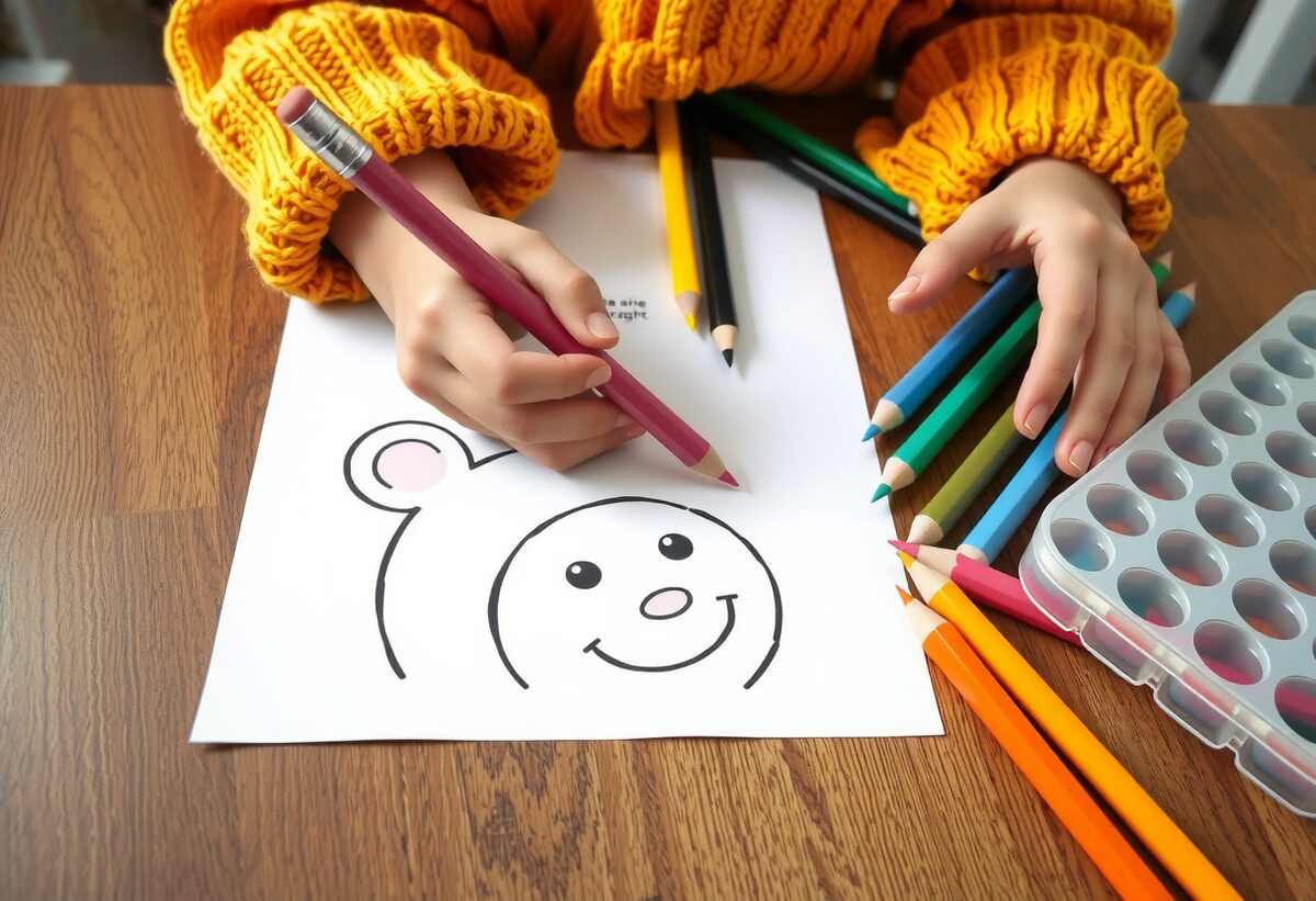 Manos de un niño coloreando una ficha impresa del cuaderno