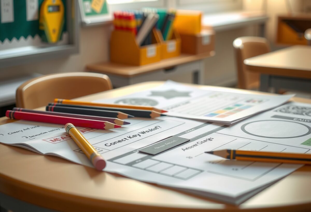 Material impreso del cuaderno con lápices de colores, listo para usar en casa o en clase