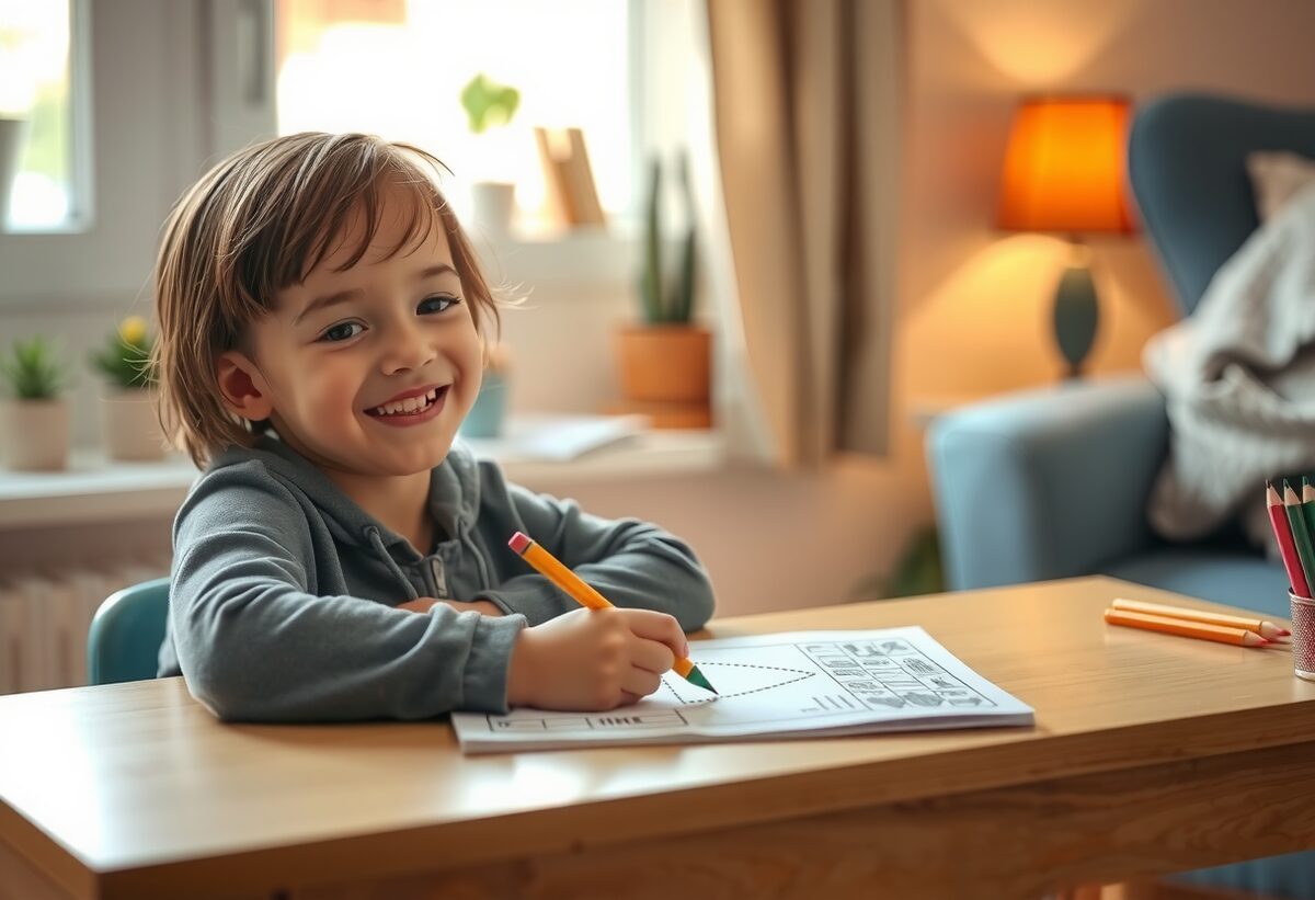 Niño practicando con su cuaderno personalizado en casa, contento